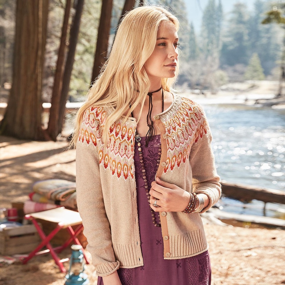 Sundance Womens Bohus Boho Knitted Short Beige Cardigan Medium